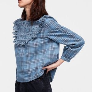 Zara Blue Plaid Blouse with Eyelet Bib